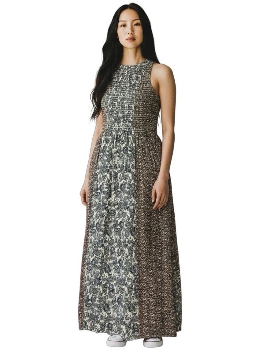 Japna Sleeveless Smocked Mixed-Print Maxi Dress 100% Rayon Size M